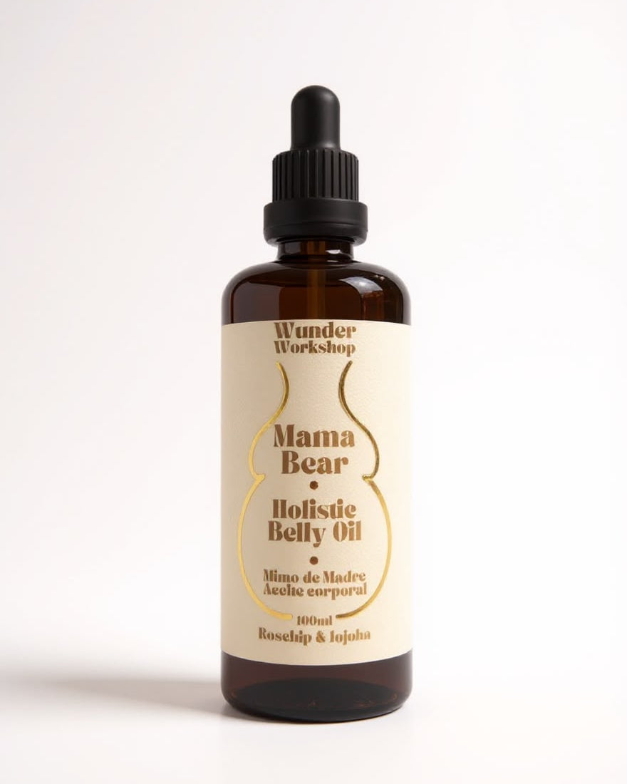 A dark amber glass dropper bottle of Wunder Workshop Mama Bear Holistic Belly Oil with a cream label and black dropper cap, set against a plain white background.